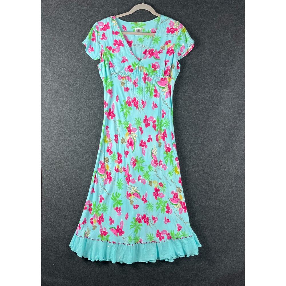 Usindo Y2K Babydoll Dress Womens Large Blue‎ Floral Beaded Sequin Ruffle Fairy